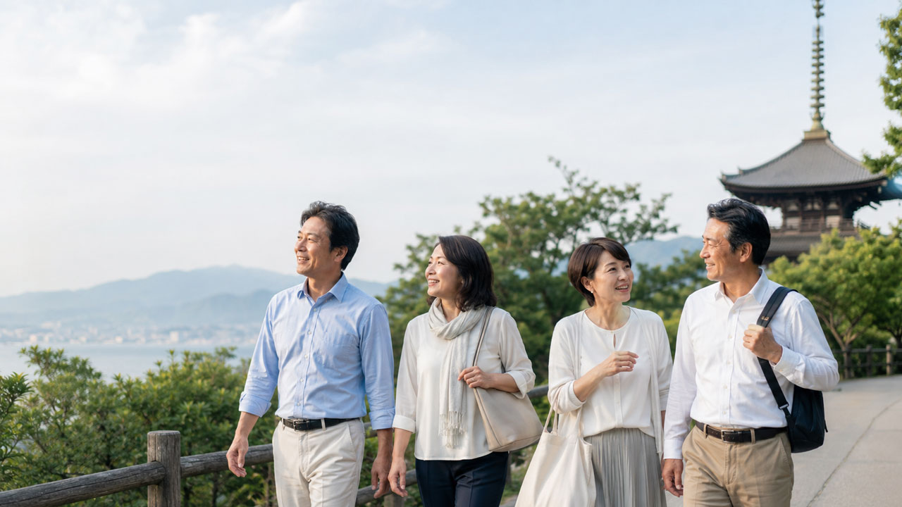 旅行する男女の写真