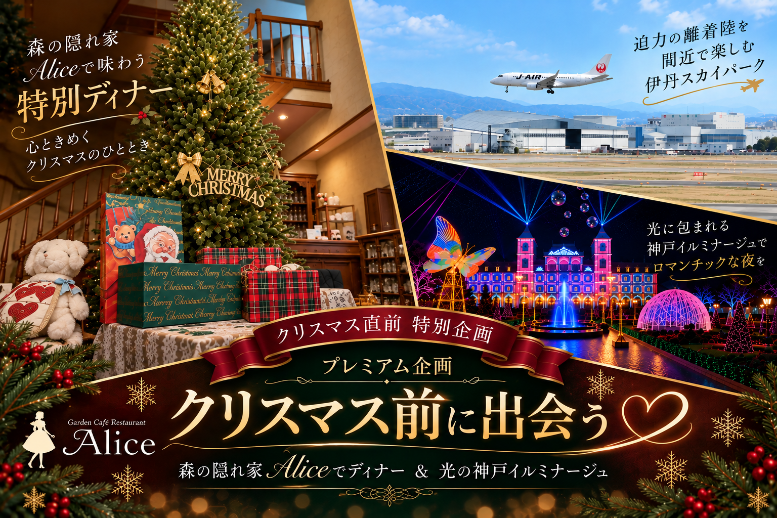 プレミアム企画【クリスマス前に出会う♡】森の隠れ家Aliceでディナー&光の神戸イルミナージュ★